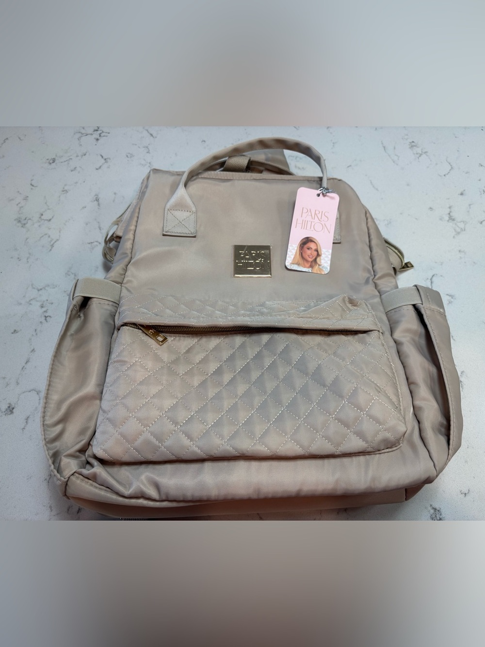 New Paris Hilton Quilted Cream Travel Laptop Backpack with Gold Accents - Picture 5 of 8